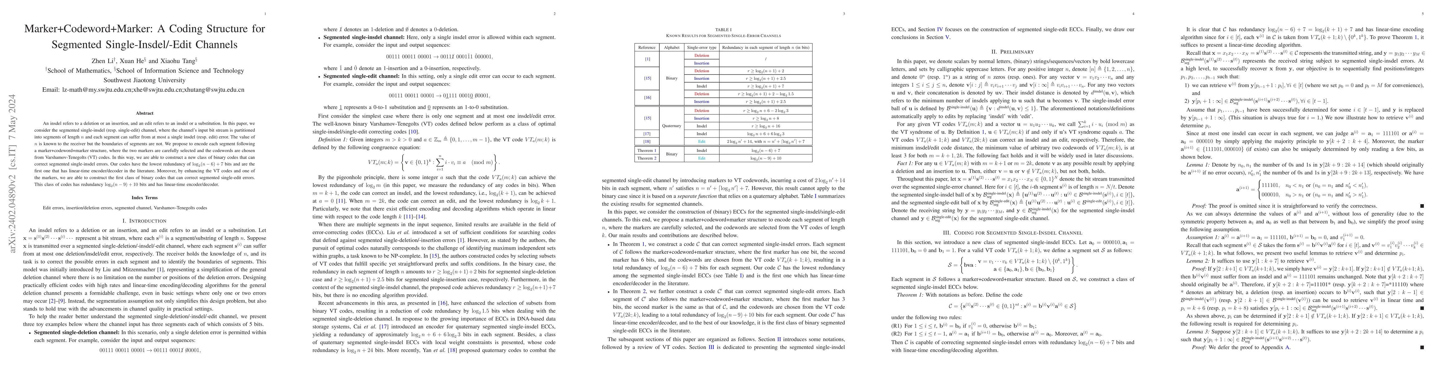 Thumbnail for Marker+Codeword+Marker: A Coding Structure for Segmented
  Single-Insdel/-Edit Channels