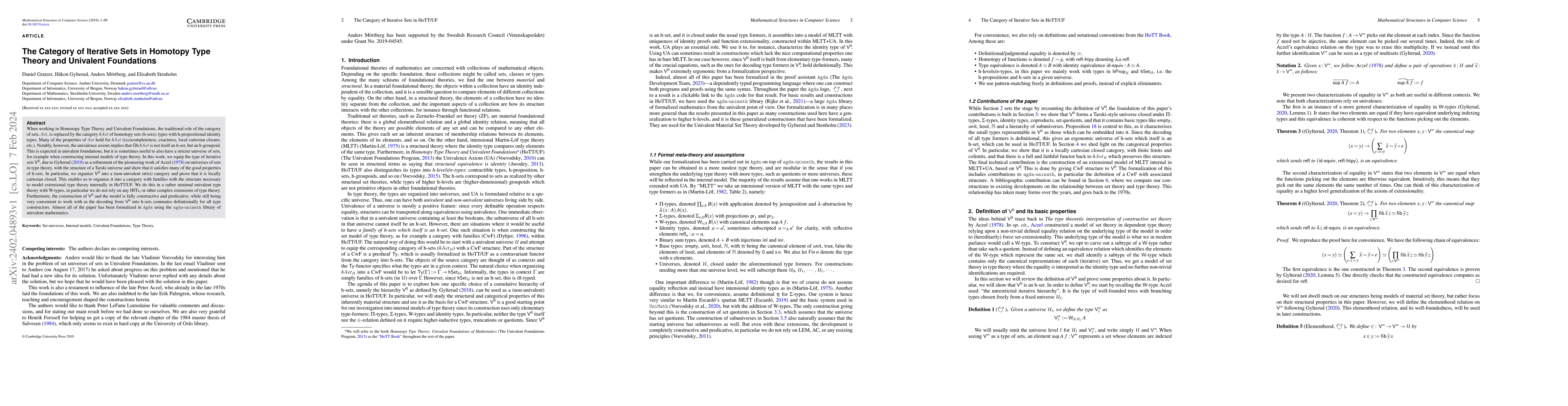 Thumbnail for The Category of Iterative Sets in Homotopy Type Theory and Univalent
  Foundations