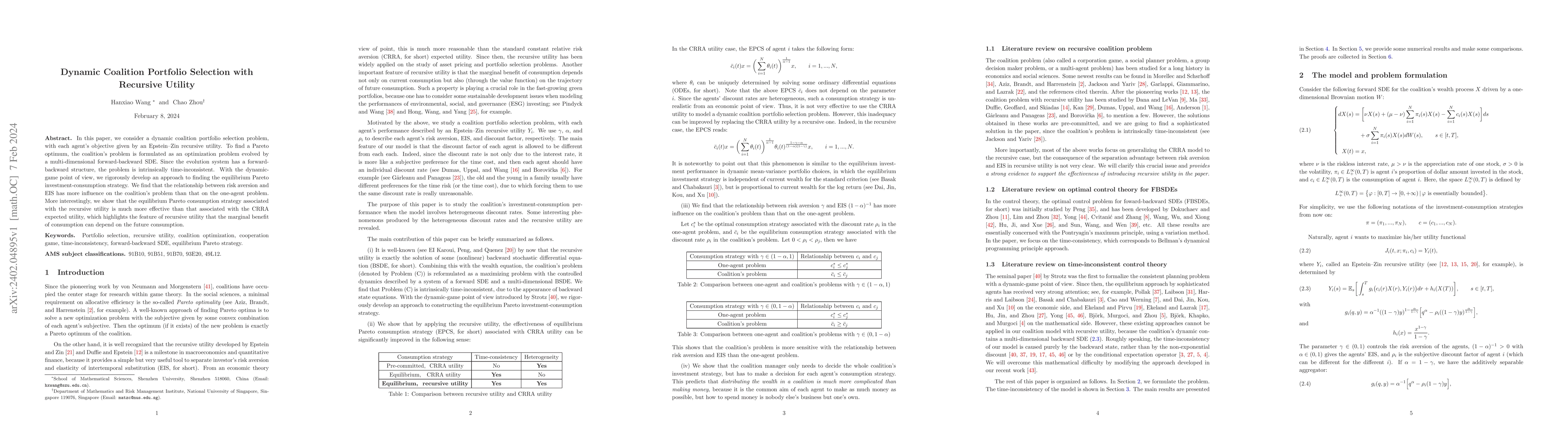 Thumbnail for Dynamic Coalition Portfolio Selection with Recursive Utility
