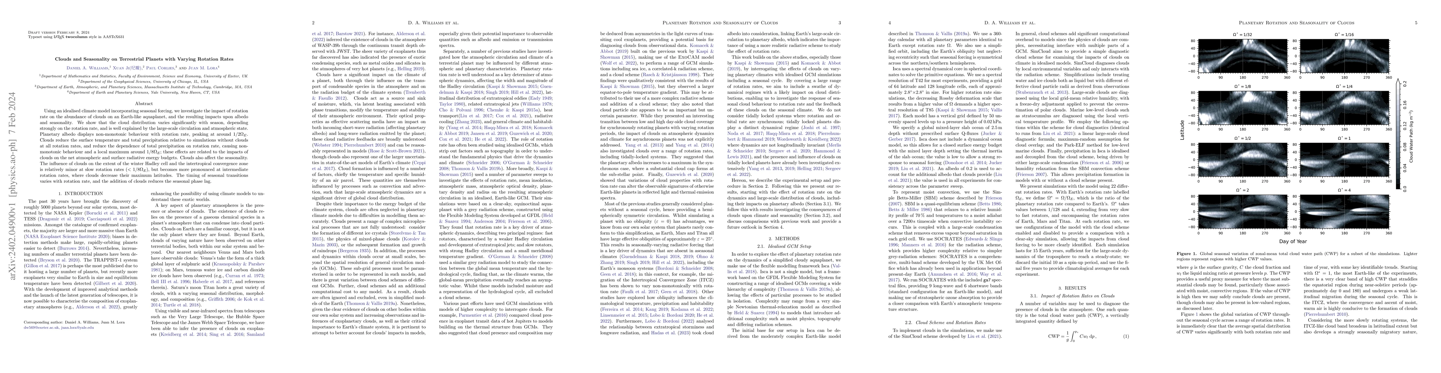 Thumbnail for Clouds and Seasonality on Terrestrial Planets with Varying Rotation
  Rates