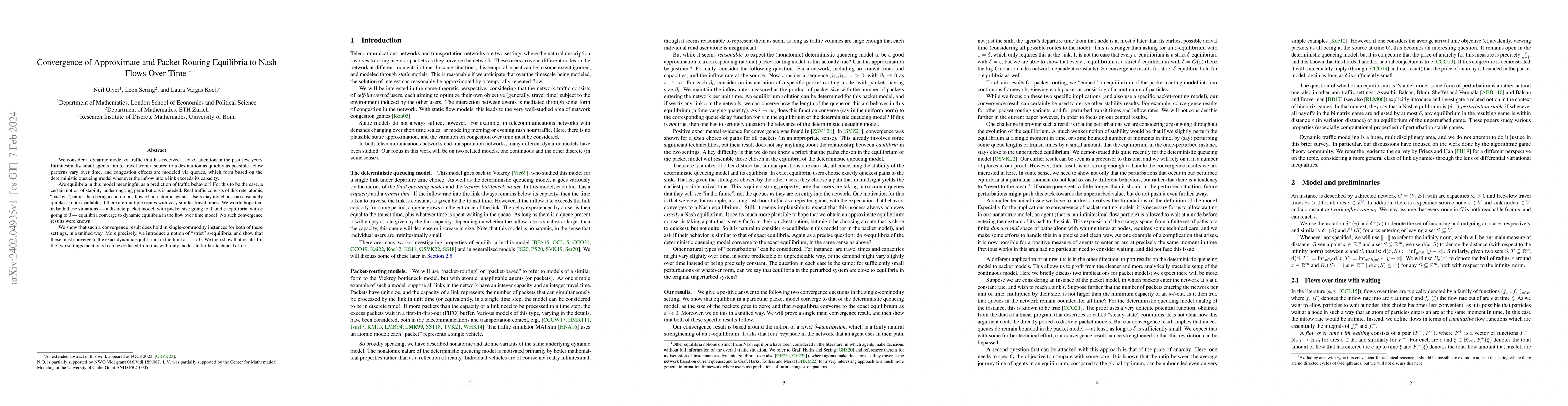 Thumbnail for Convergence of Approximate and Packet Routing Equilibria to Nash Flows
  Over Time