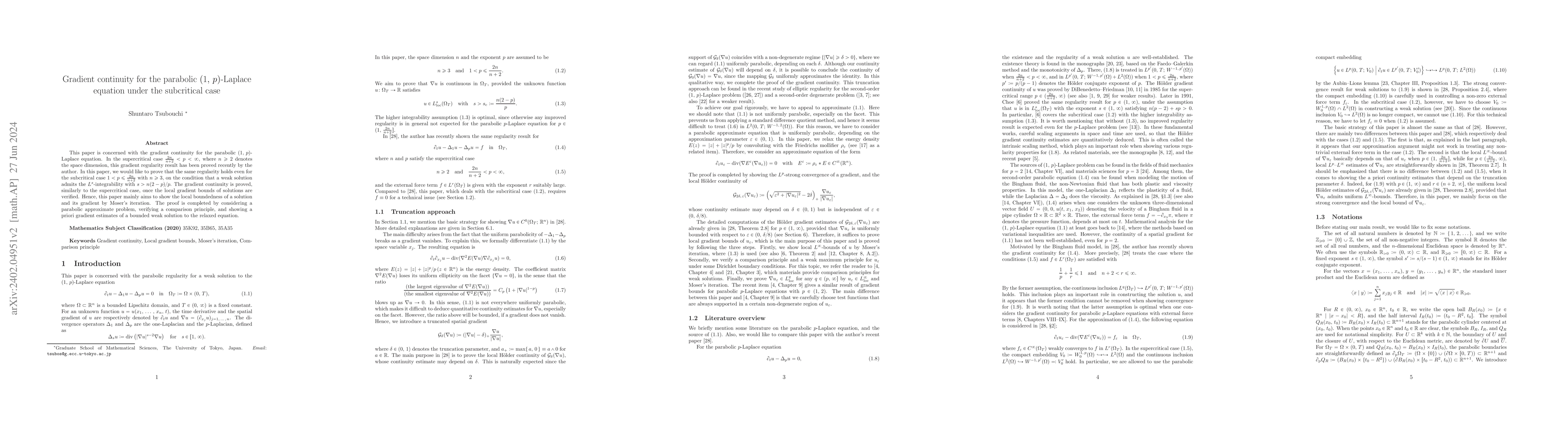 Thumbnail for Gradient continuity for the parabolic $(1,\,p)$-Laplace equation under
  the subcritical case