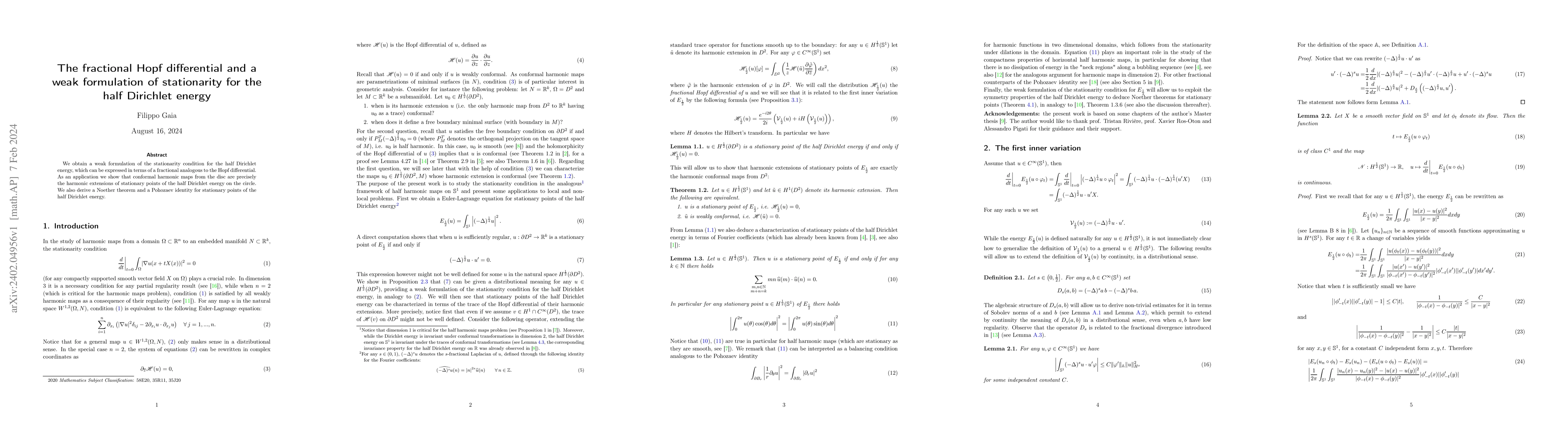 Thumbnail for The fractional Hopf differential and a weak formulation of stationarity
  for the half Dirichlet energy