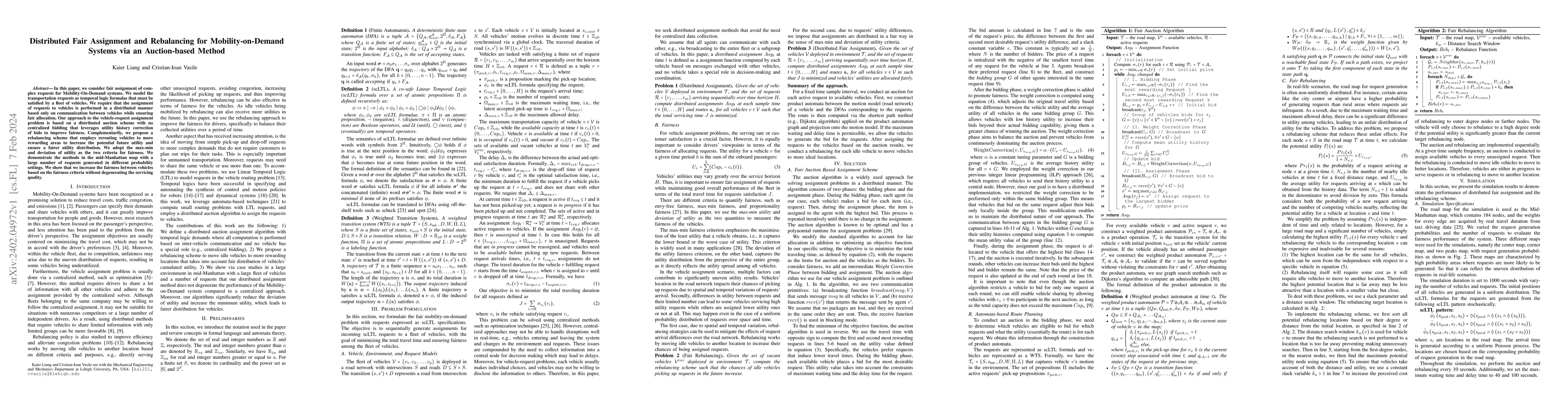 Thumbnail for Distributed Fair Assignment and Rebalancing for Mobility-on-Demand
  Systems via an Auction-based Method