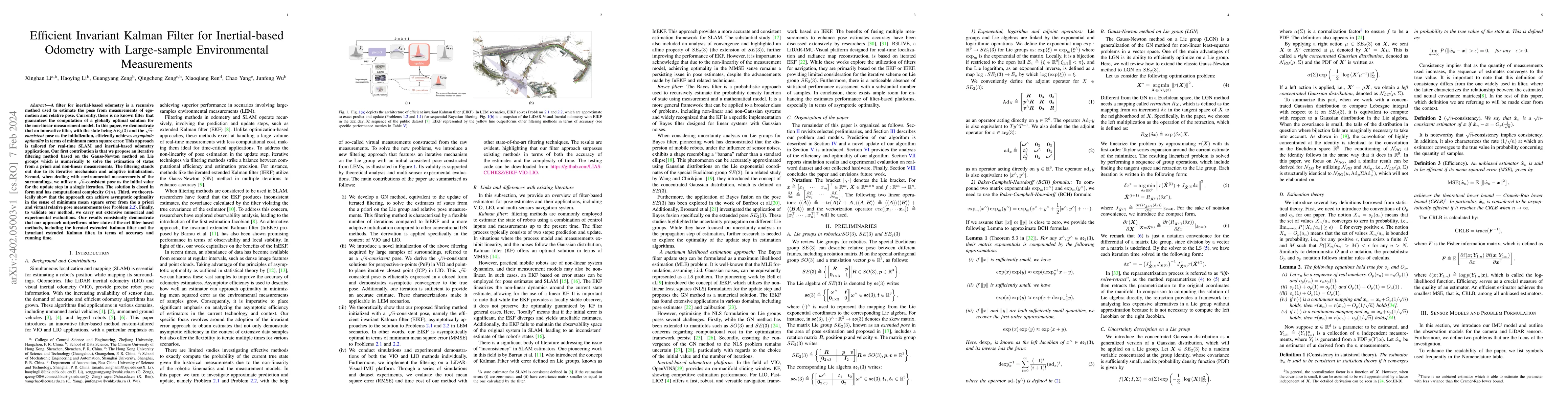 Thumbnail for Efficient Invariant Kalman Filter for Inertial-based Odometry with
  Large-sample Environmental Measurements