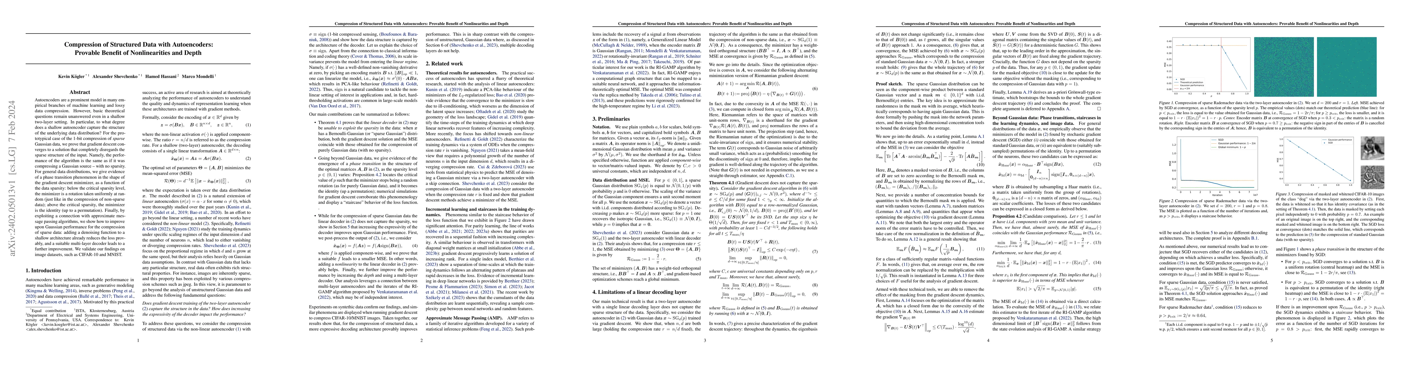Thumbnail for Compression of Structured Data with Autoencoders: Provable Benefit of
  Nonlinearities and Depth