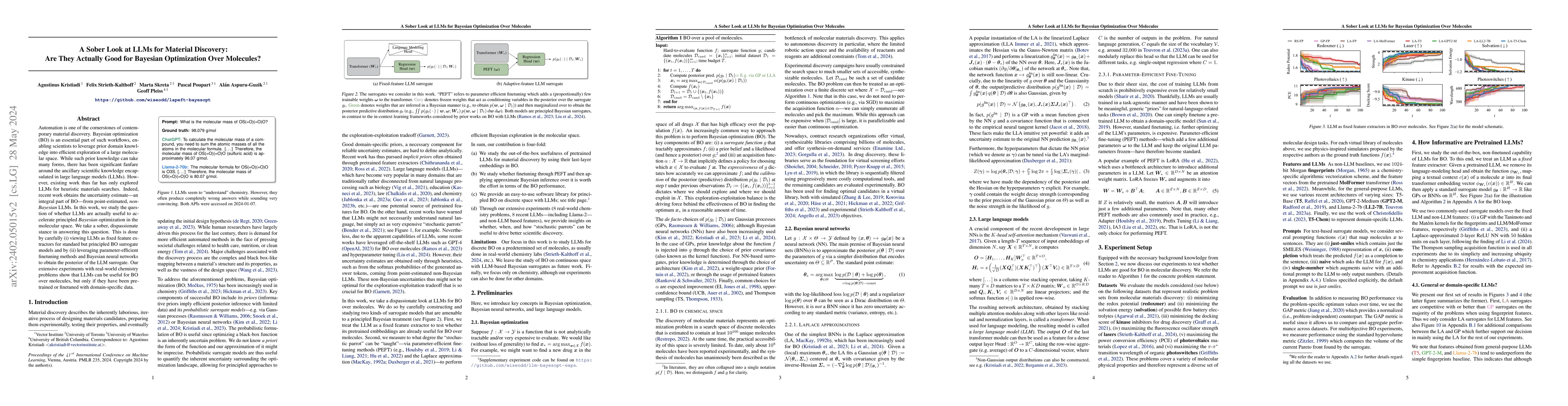 Thumbnail for A Sober Look at LLMs for Material Discovery: Are They Actually Good for
  Bayesian Optimization Over Molecules?