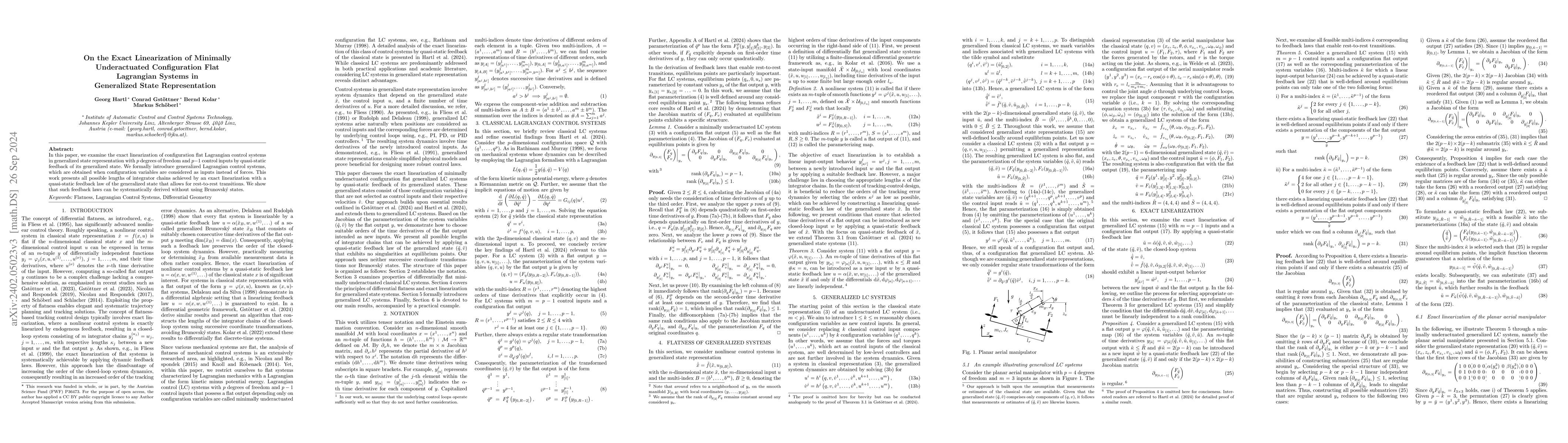 Thumbnail for On the Exact Linearization of Minimally Underactuated Configuration Flat
  Lagrangian Systems in Generalized State Representation