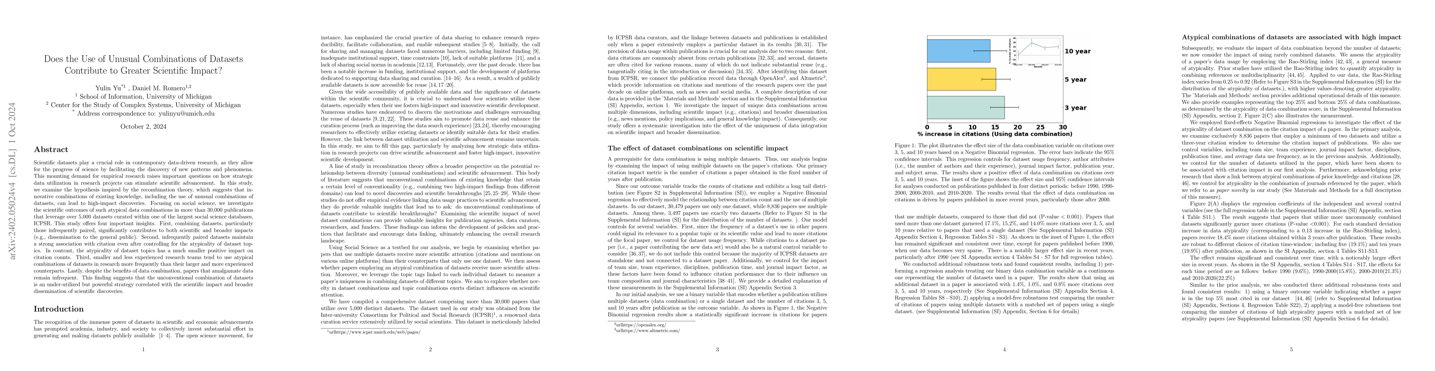 Thumbnail for Does the Use of Unusual Combinations of Datasets Contribute to Greater
  Scientific Impact?