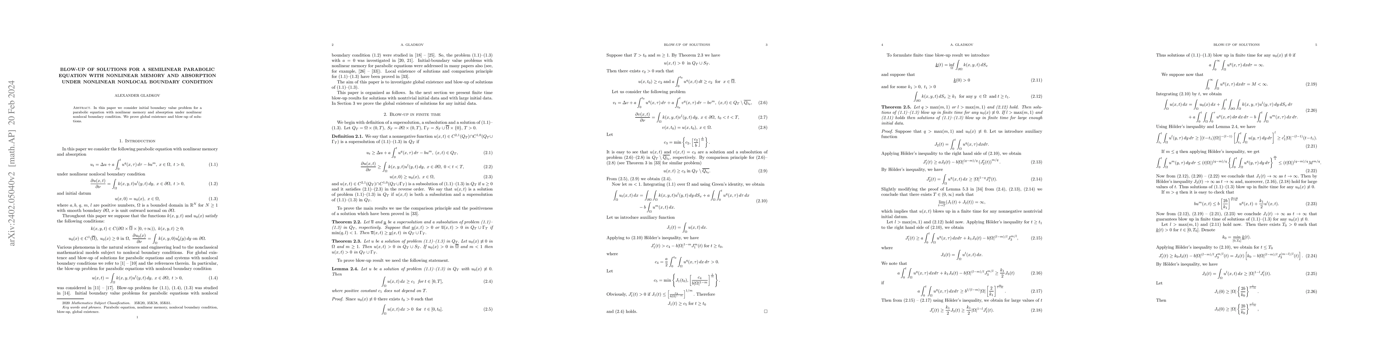 Thumbnail for Blow-up of solutions for a semilinear parabolic equation with nonlinear
  memory and absorption under nonlinear nonlocal boundary condition