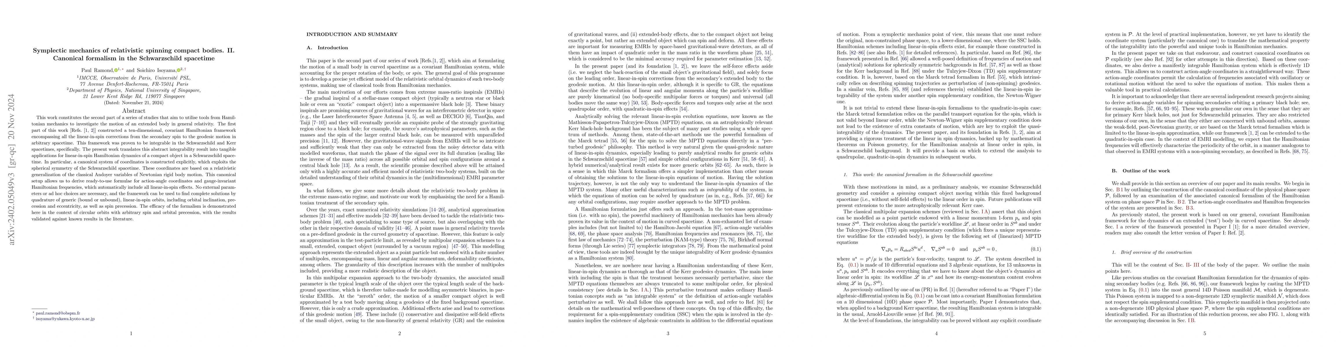 Thumbnail for Symplectic mechanics of relativistic spinning compact bodies II.:
  Canonical formalism in the Schwarzschild spacetime