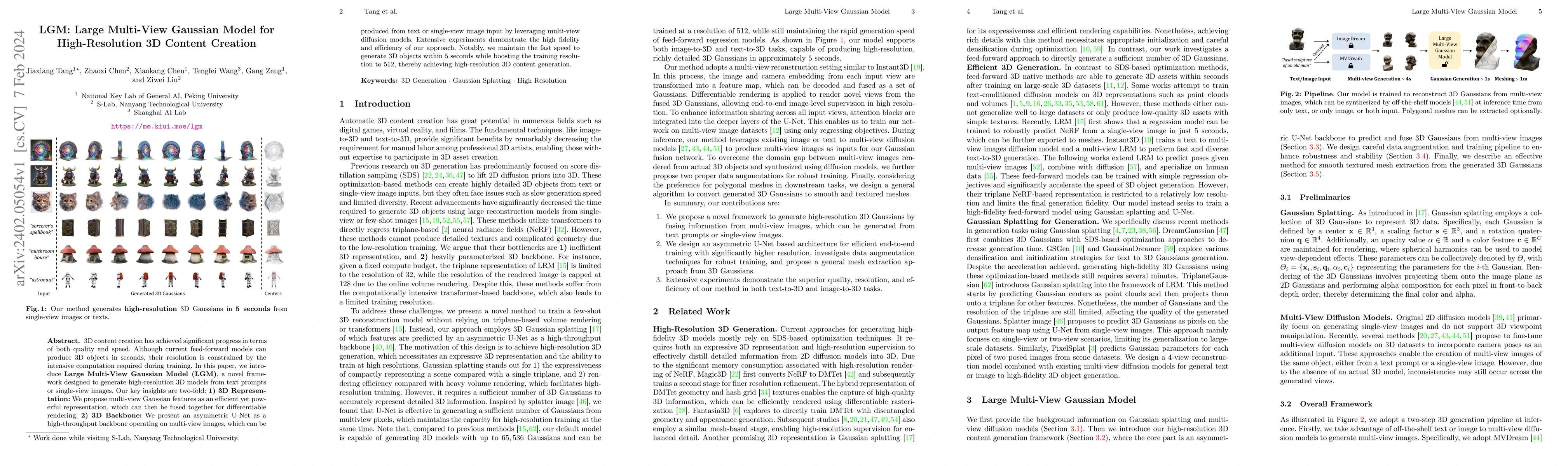 Thumbnail for LGM: Large Multi-View Gaussian Model for High-Resolution 3D Content
  Creation