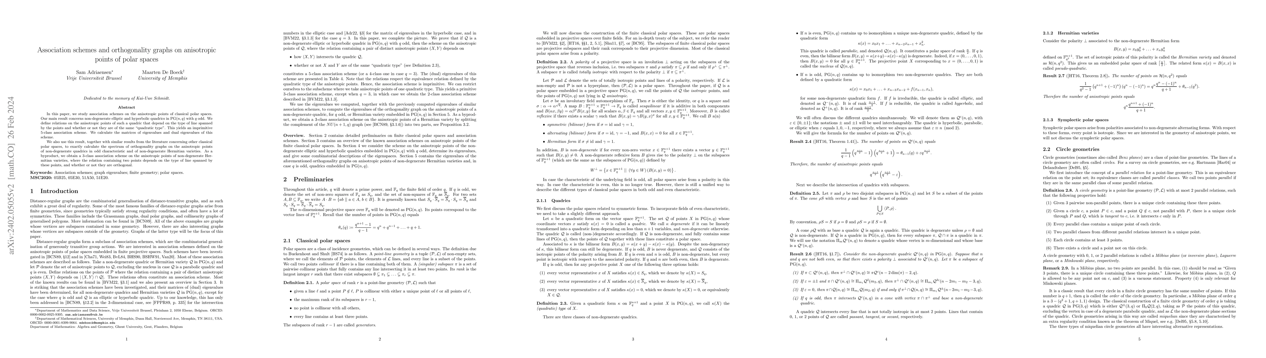 Thumbnail for Association schemes and orthogonality graphs on anisotropic points of
  polar spaces