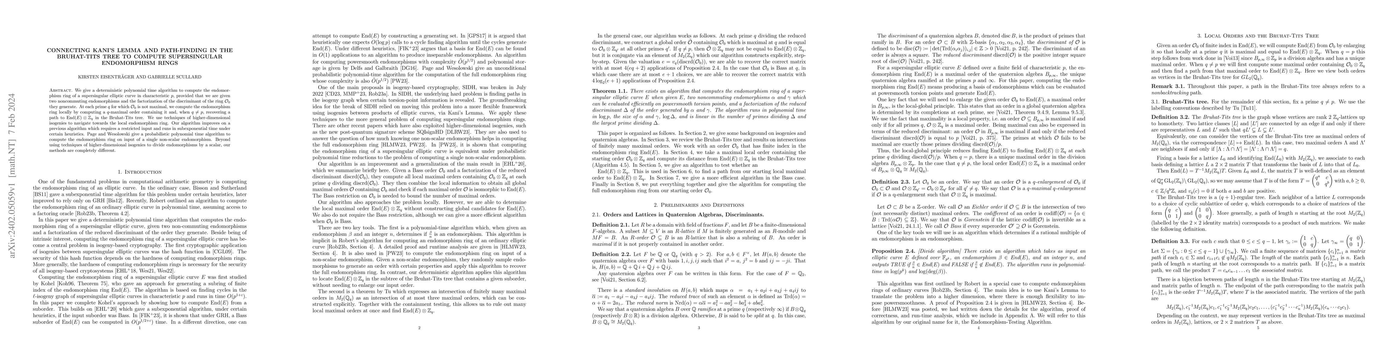 Thumbnail for Connecting Kani's Lemma and path-finding in the Bruhat-Tits tree to
  compute supersingular endomorphism rings