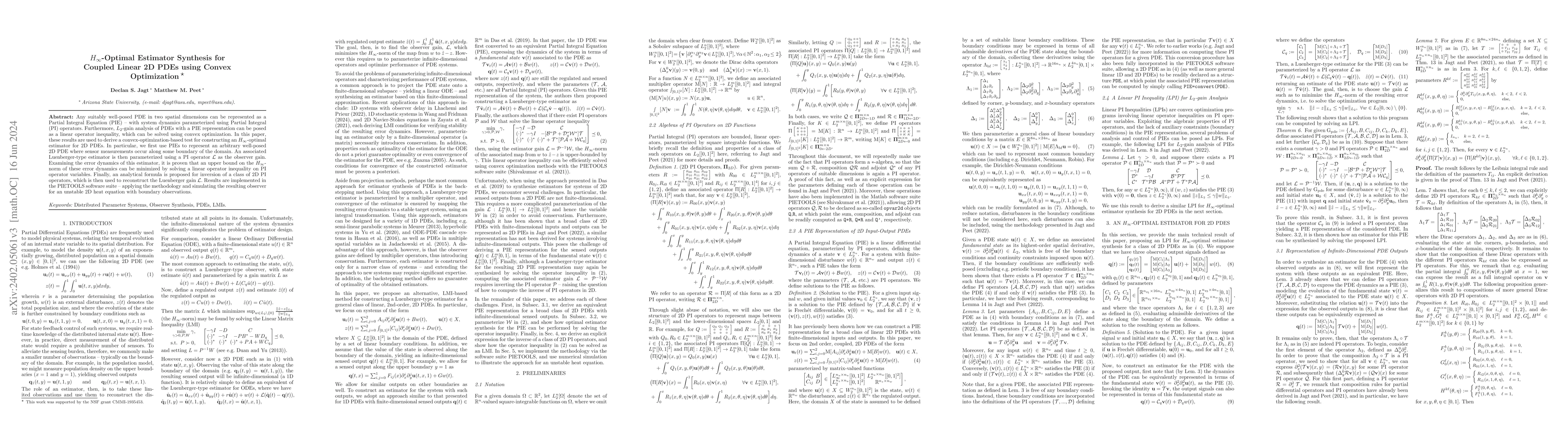 Thumbnail for $H_{\infty}$-Optimal Estimator Synthesis for Coupled Linear 2D PDEs
  using Convex Optimization