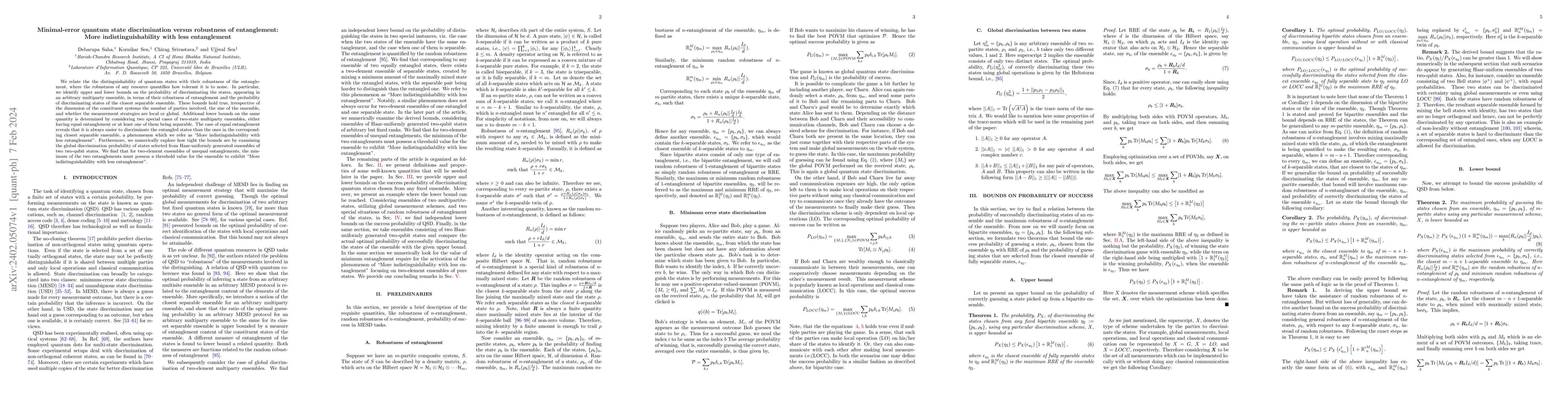 Thumbnail for Minimal-error quantum state discrimination versus robustness of
  entanglement:More indistinguishability with less entanglement