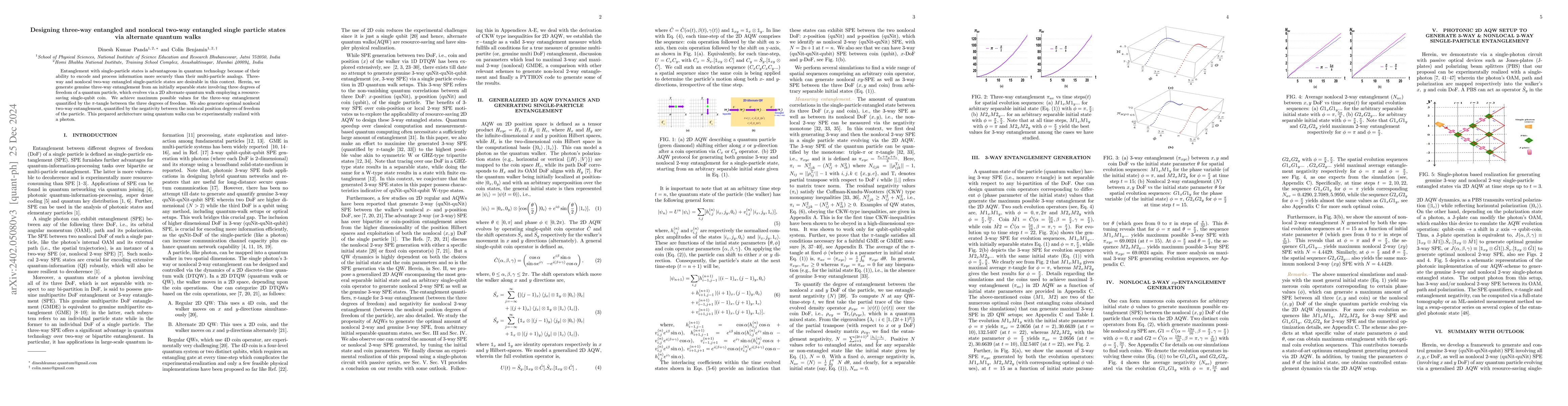 Thumbnail for Designing three-way entangled and nonlocal two-way entangled single
  particle states via alternate quantum walks