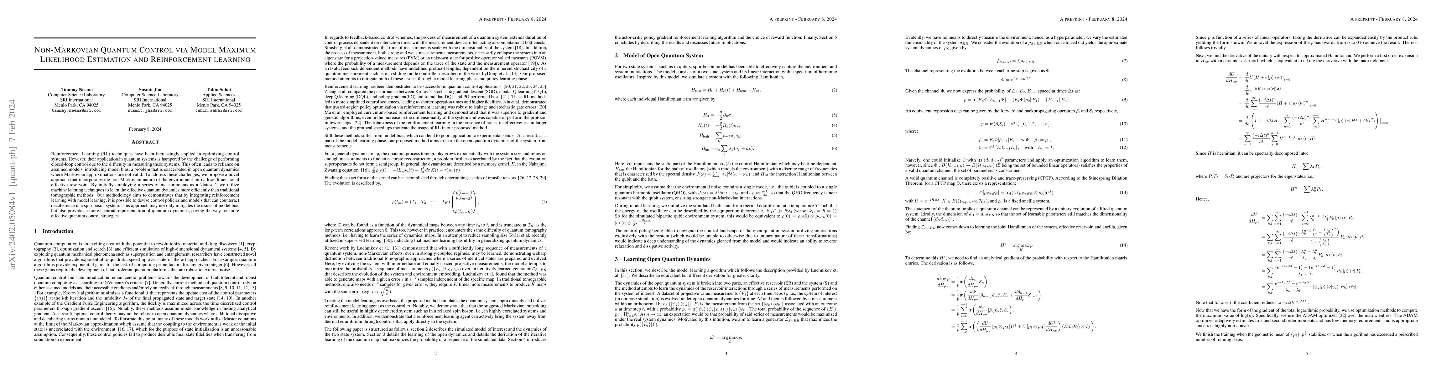 Thumbnail for Non-Markovian Quantum Control via Model Maximum Likelihood Estimation
  and Reinforcement Learning