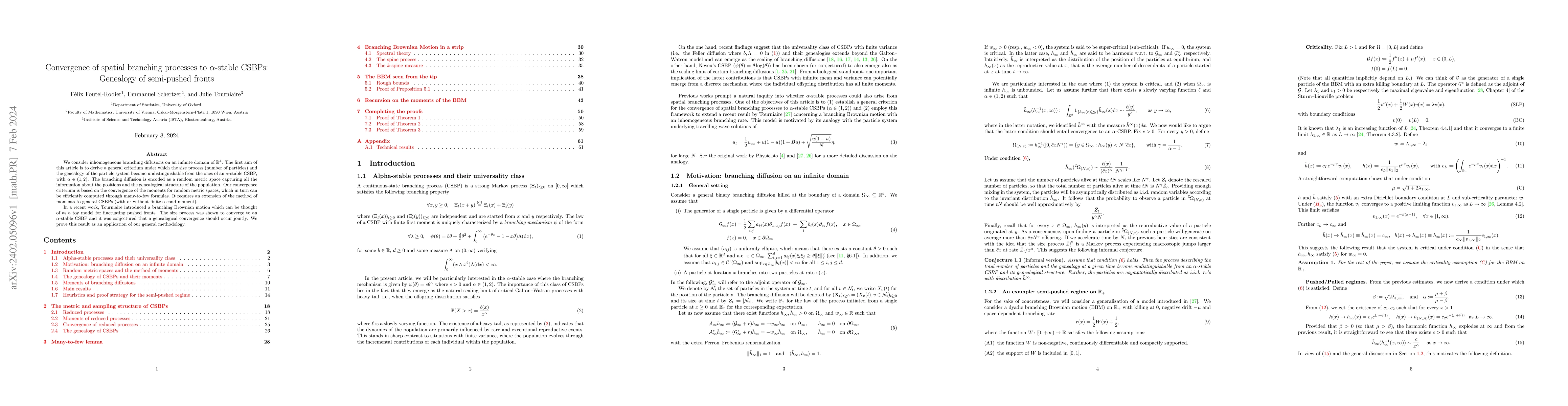 Thumbnail for Convergence of spatial branching processes to $\alpha$-stable CSBPs:
  Genealogy of semi-pushed fronts