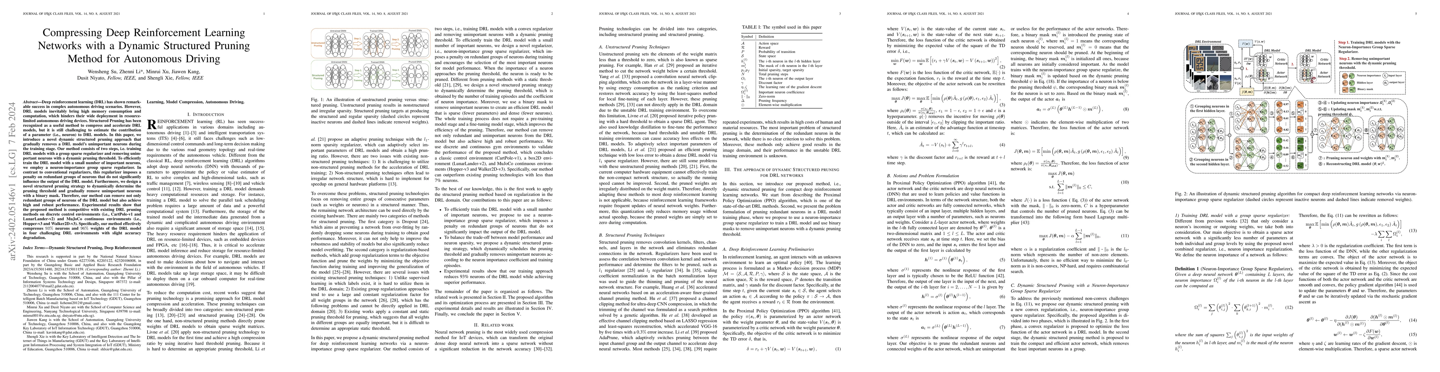 Thumbnail for Compressing Deep Reinforcement Learning Networks with a Dynamic
  Structured Pruning Method for Autonomous Driving