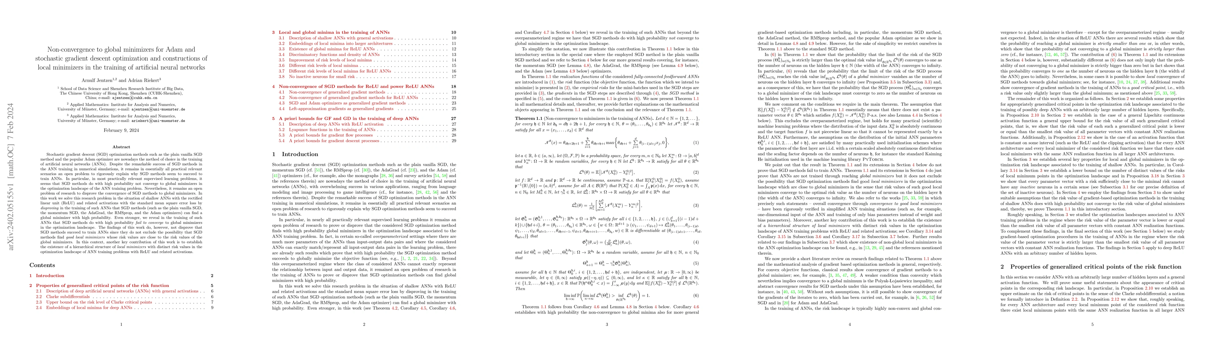 Thumbnail for Non-convergence to global minimizers for Adam and stochastic gradient
  descent optimization and constructions of local minimizers in the training of
  artificial neural networks