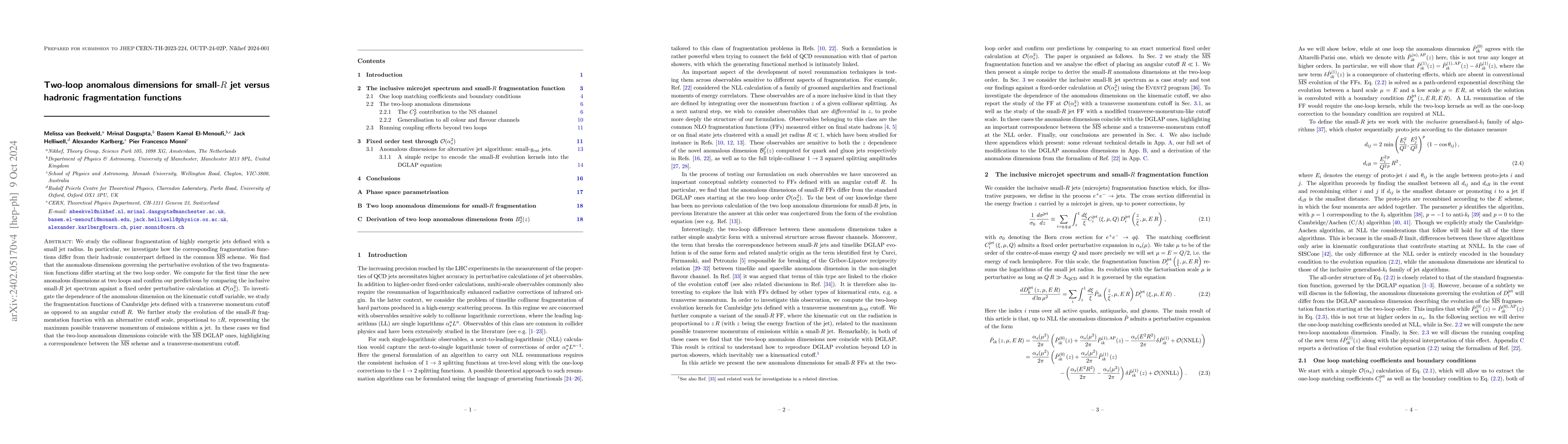 Thumbnail for Two-loop anomalous dimensions for small-$R$ jet versus hadronic
  fragmentation functions