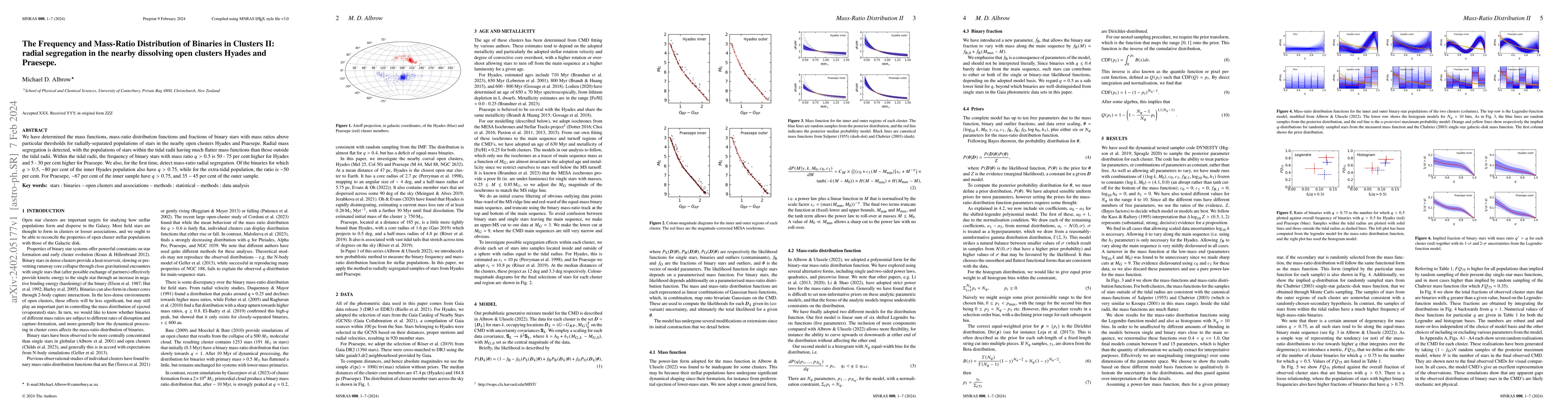 Thumbnail for The Frequency and Mass-Ratio Distribution of Binaries in Clusters II:
  radial segregation in the nearby dissolving open clusters Hyades and Praesepe