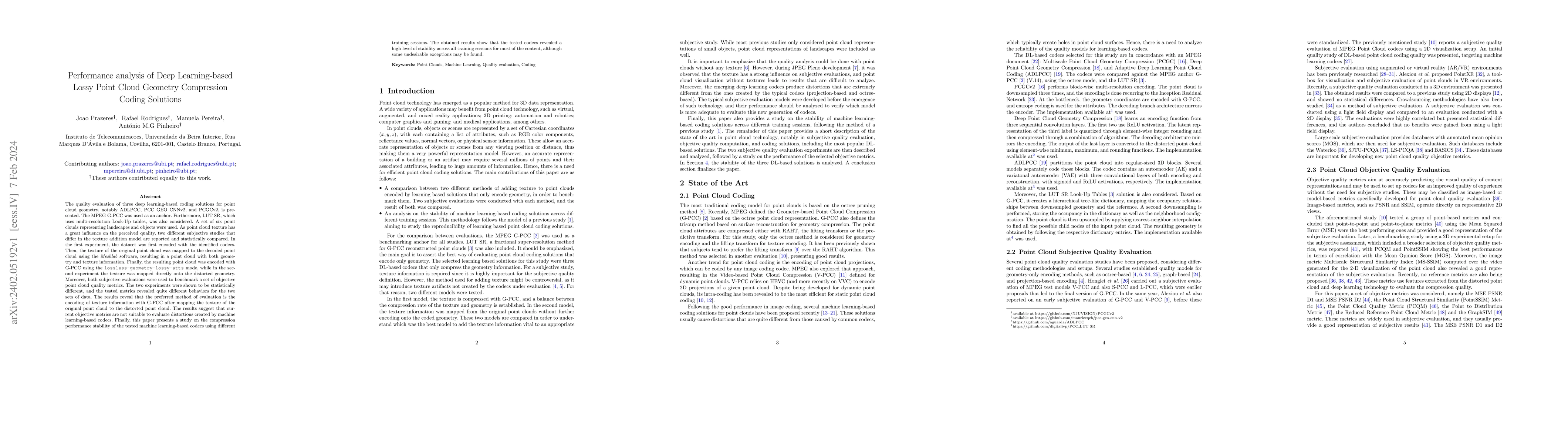 Thumbnail for Performance analysis of Deep Learning-based Lossy Point Cloud Geometry
  Compression Coding Solutions