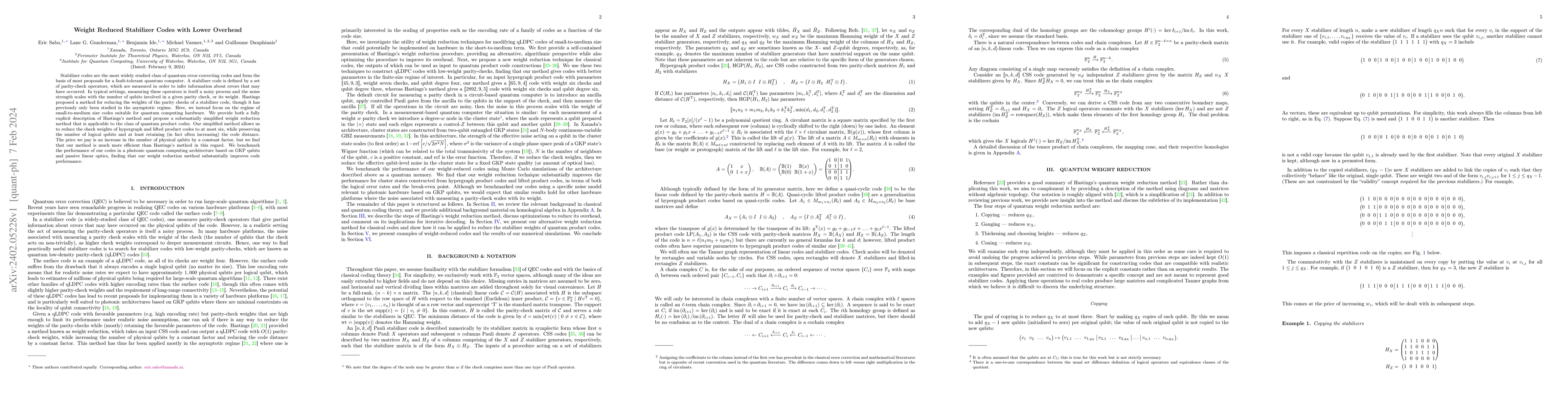 Thumbnail for Weight Reduced Stabilizer Codes with Lower Overhead