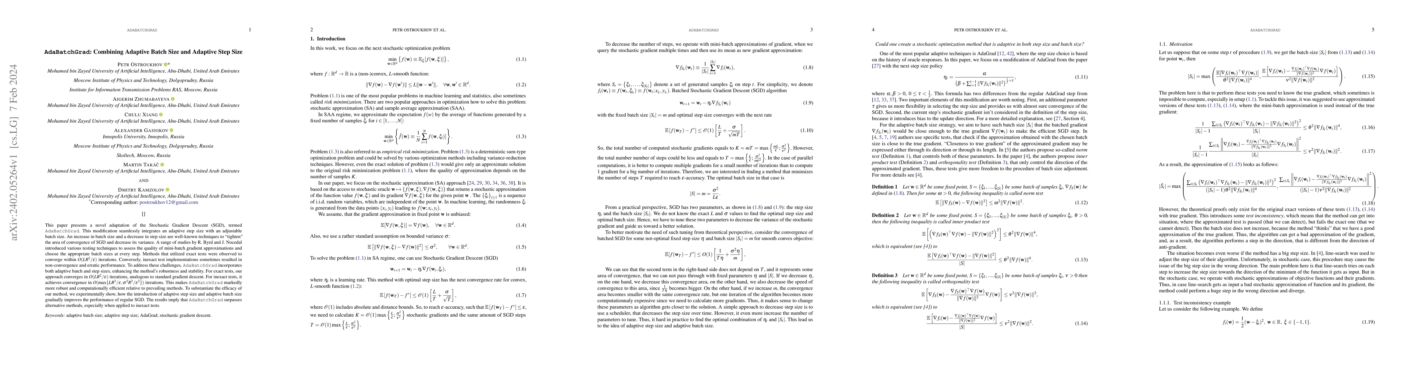 Thumbnail for AdaBatchGrad: Combining Adaptive Batch Size and Adaptive Step Size