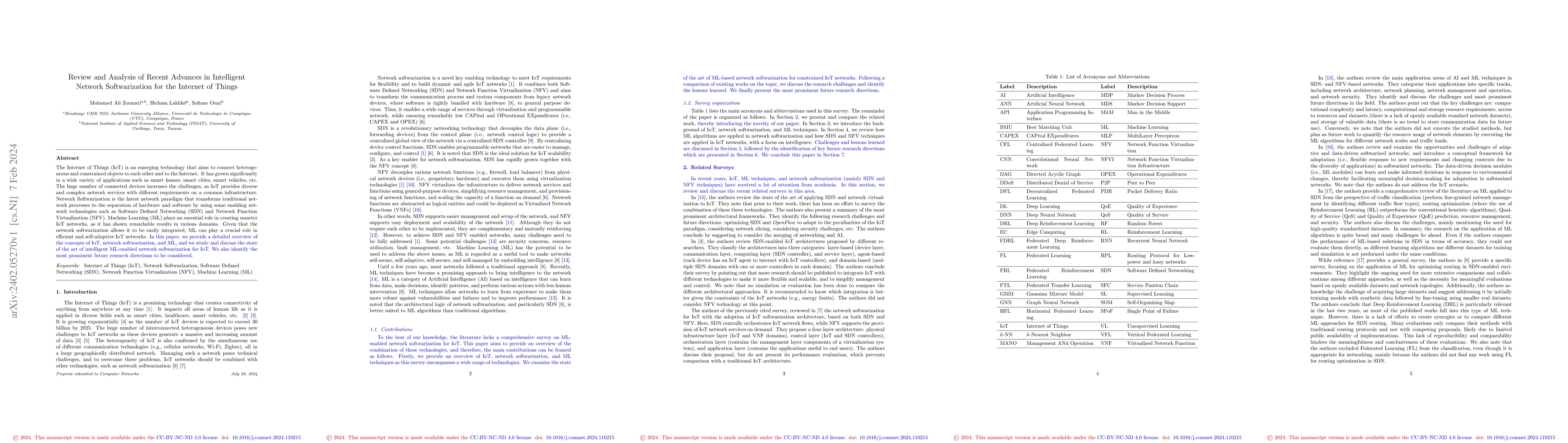 Thumbnail for Review and Analysis of Recent Advances in Intelligent Network
  Softwarization for the Internet of Things