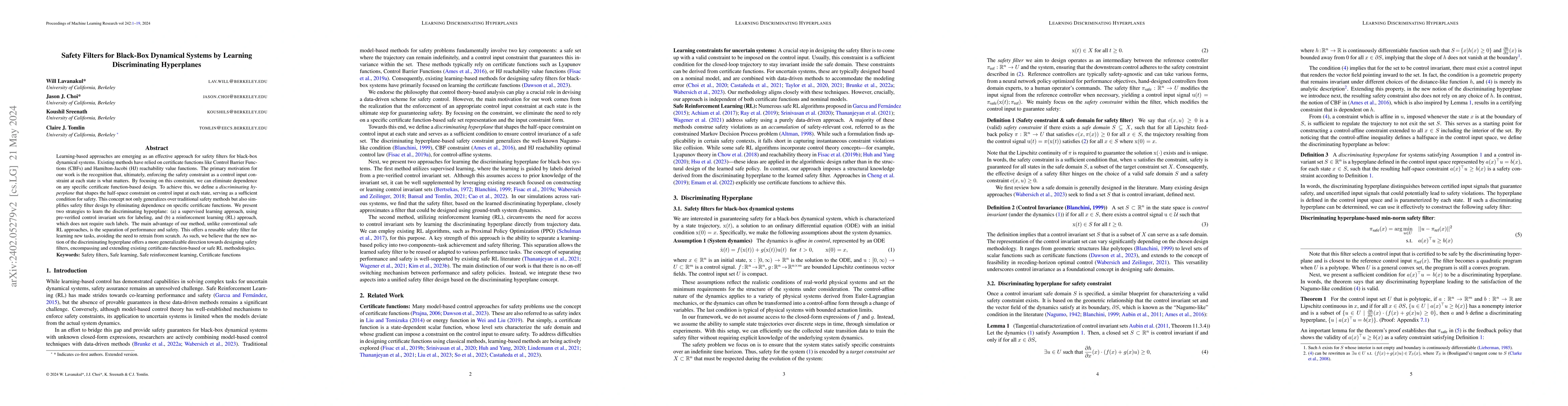 Thumbnail for Safety Filters for Black-Box Dynamical Systems by Learning
  Discriminating Hyperplanes
