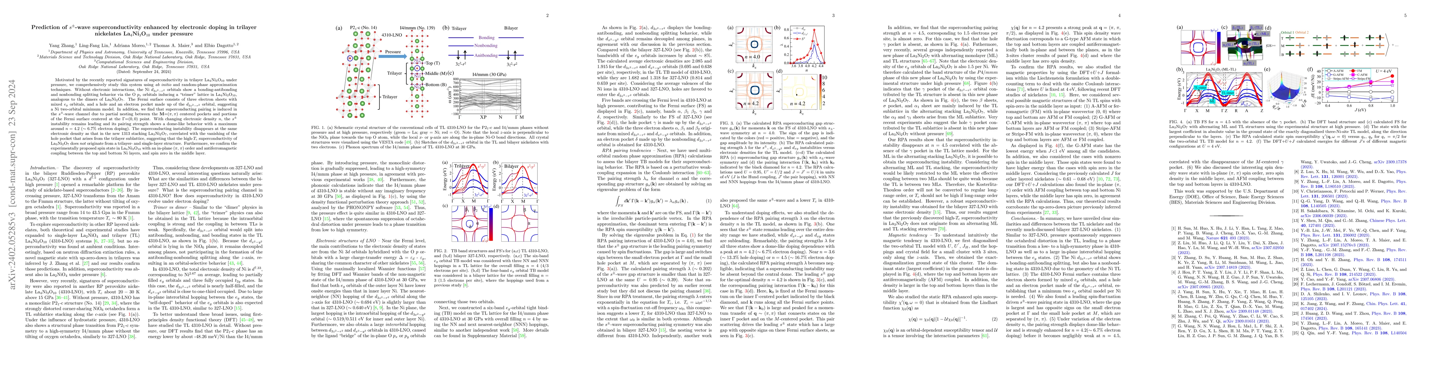 Thumbnail for Prediction of $s^\pm$-wave superconductivity enhanced by electronic
  doping in trilayer nickelates La$_4$Ni$_3$O$_{10}$ under pressure