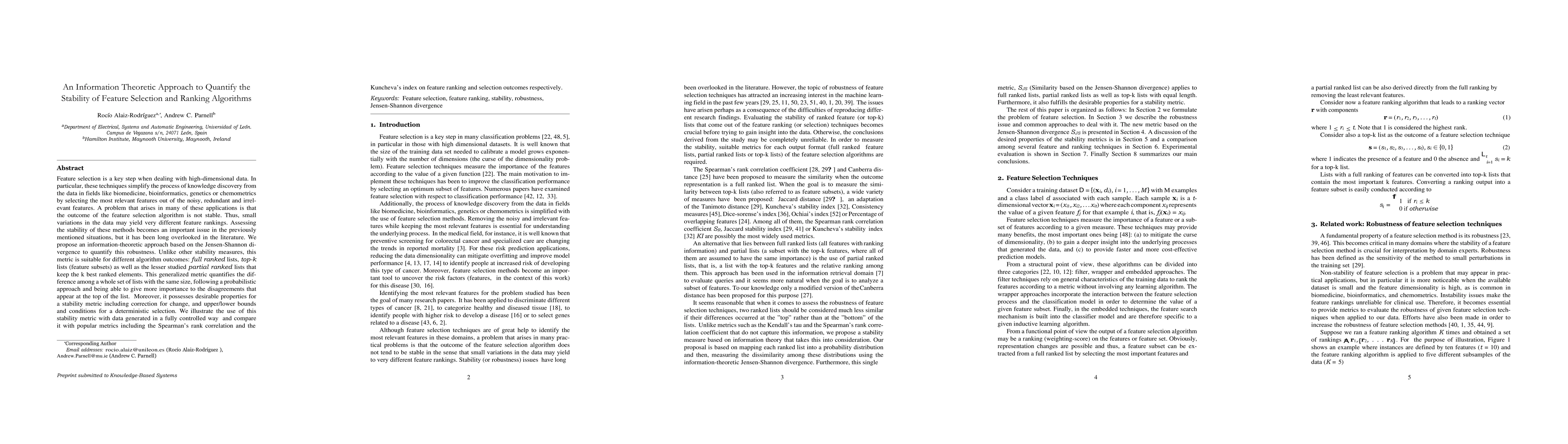 Thumbnail for An information theoretic approach to quantify the stability of feature
  selection and ranking algorithms