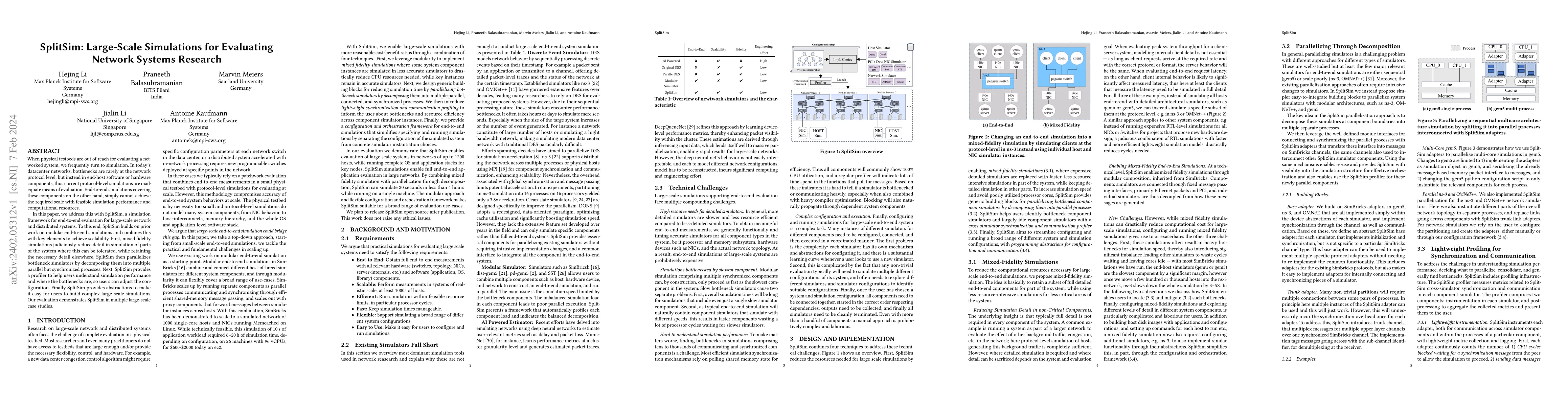 Thumbnail for SplitSim: Large-Scale Simulations for Evaluating Network Systems
  Research