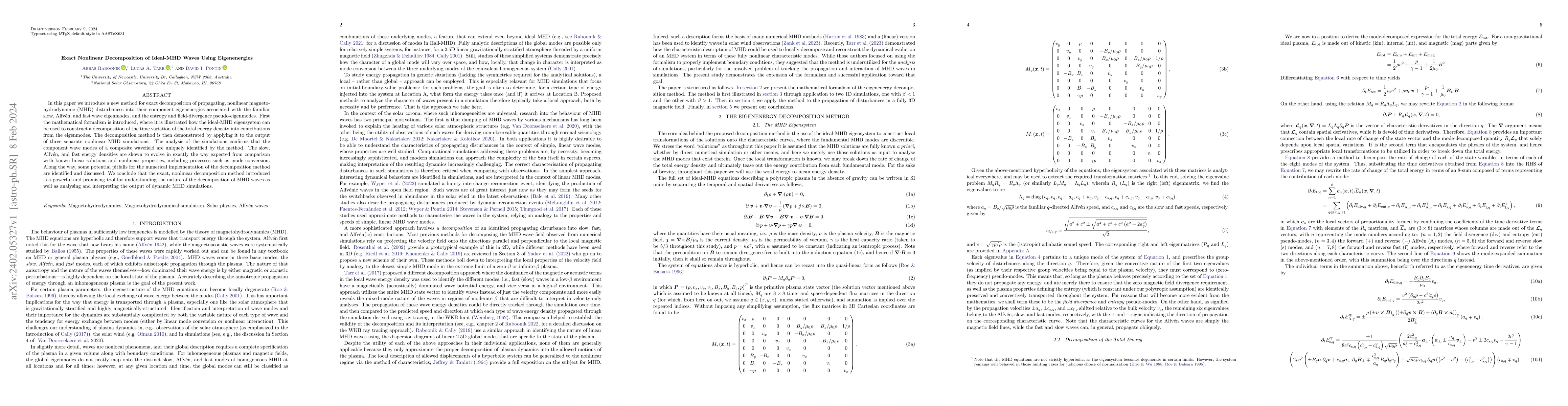 Thumbnail for Exact Nonlinear Decomposition of Ideal-MHD Waves Using Eigenenergies