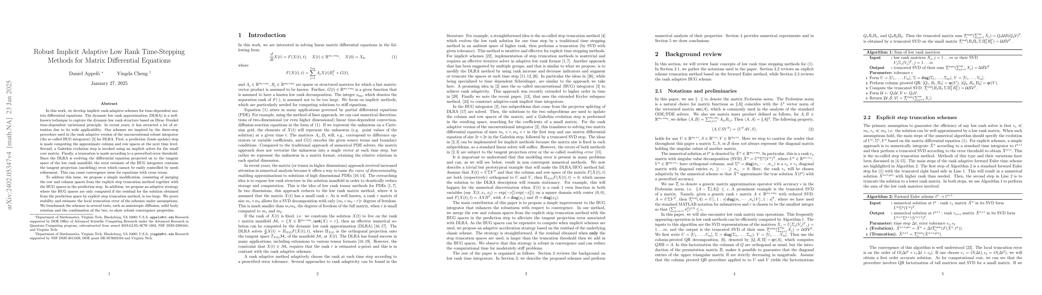 Thumbnail for Robust Implicit Adaptive Low Rank Time-Stepping Methods for Matrix
  Differential Equations