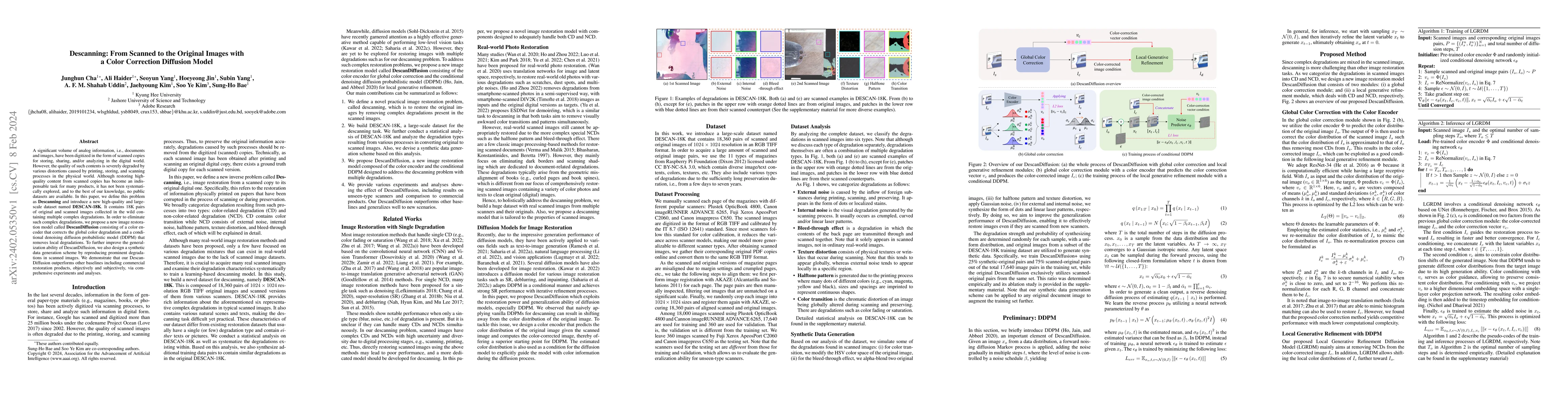 Thumbnail for Descanning: From Scanned to the Original Images with a Color Correction
  Diffusion Model