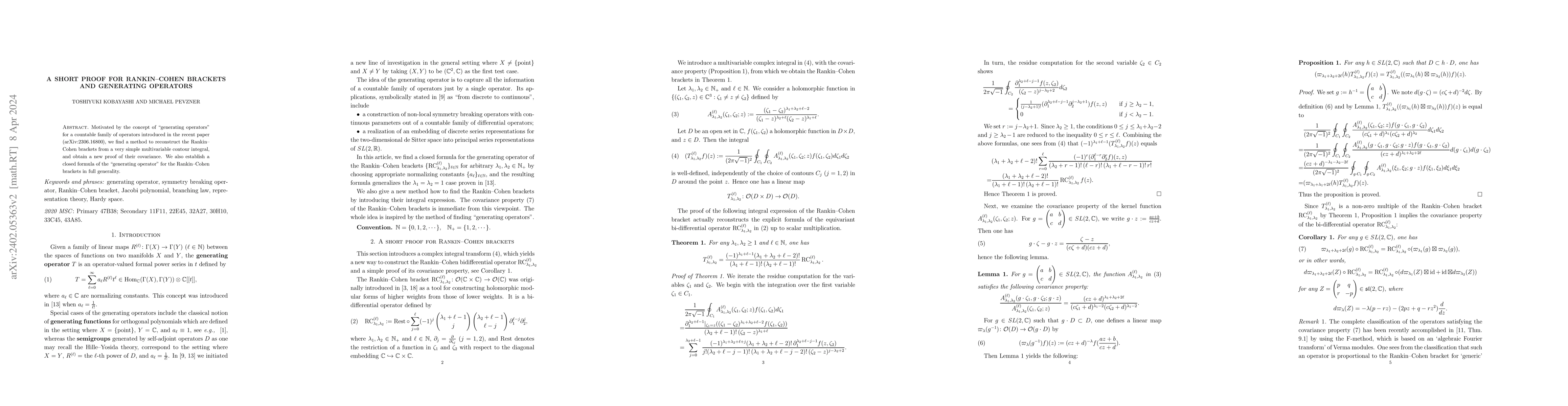 Thumbnail for A short proof for Rankin--Cohen brackets and generating operators