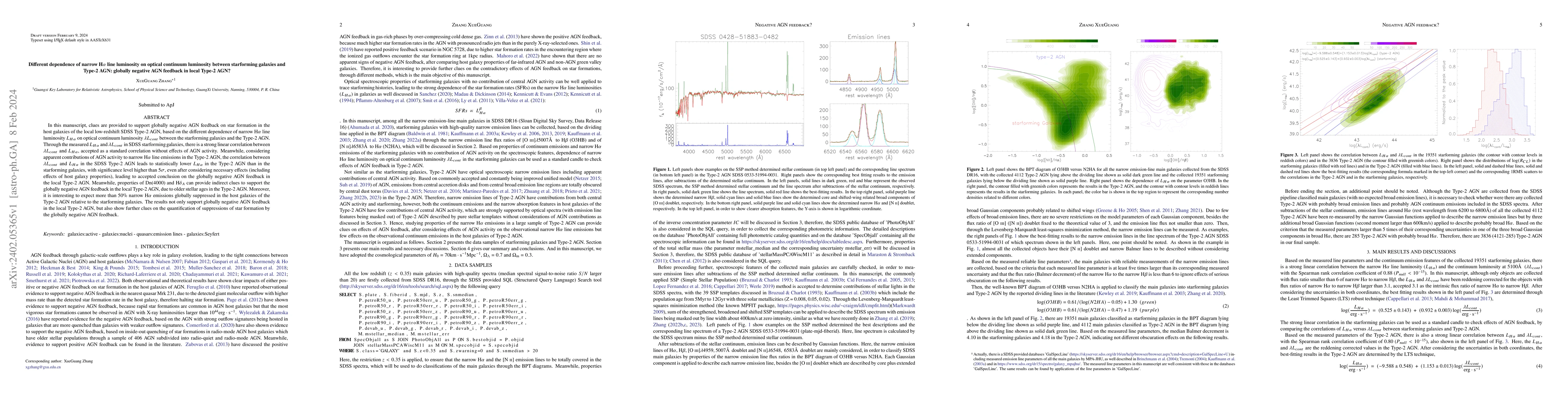 Thumbnail for Different dependence of narrow H$\alpha$ line luminosity on optical
  continuum luminosity between starforming galaxies and Type-2 AGN: globally
  negative AGN feedback in local Type-2 AGN?