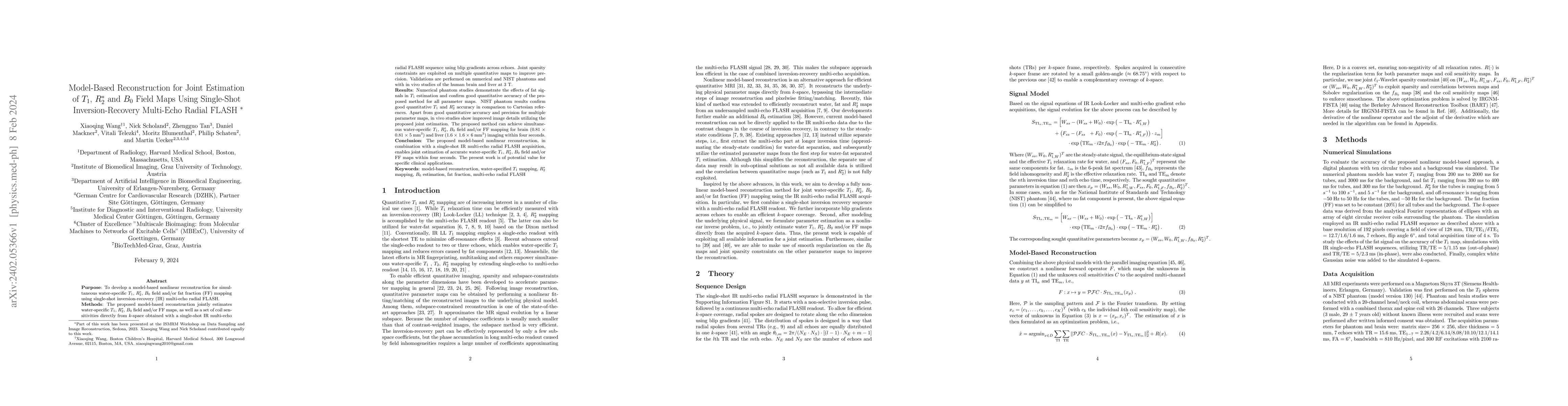 Thumbnail for Model-Based Reconstruction for Joint Estimation of $T_{1}$, $R_{2}^{*}$
  and $B_{0}$ Field Maps Using Single-Shot Inversion-Recovery Multi-Echo Radial
  FLASH