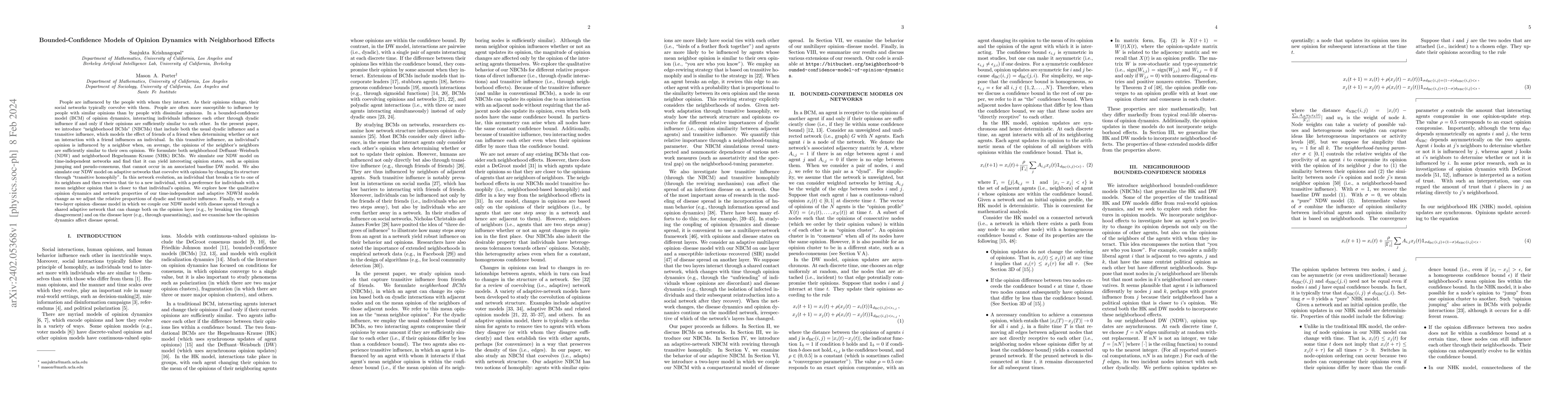 Thumbnail for Bounded-Confidence Models of Opinion Dynamics with Neighborhood Effects