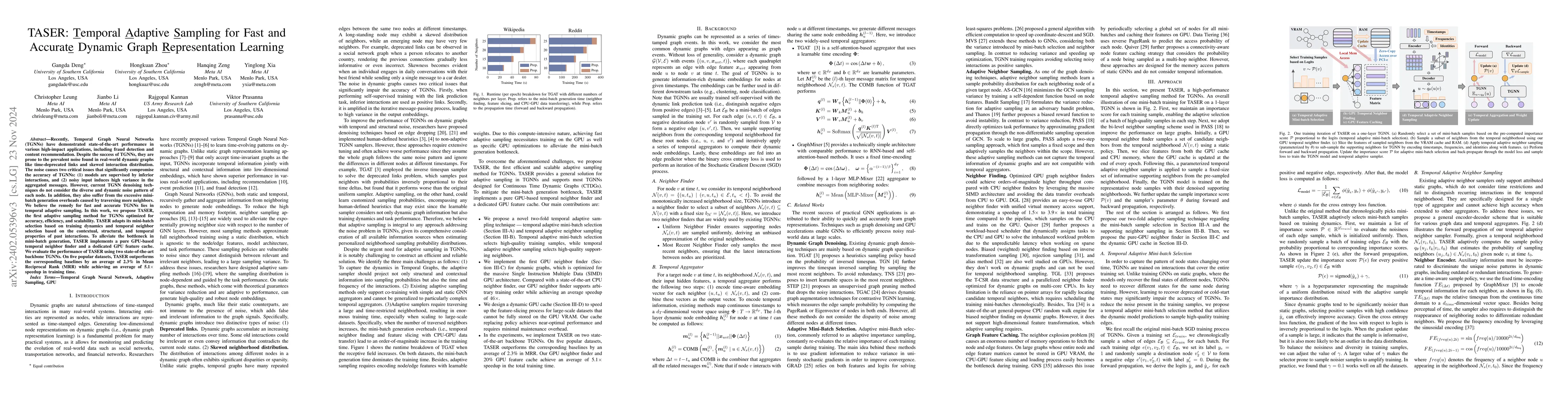 Thumbnail for TASER: Temporal Adaptive Sampling for Fast and Accurate Dynamic Graph
  Representation Learning