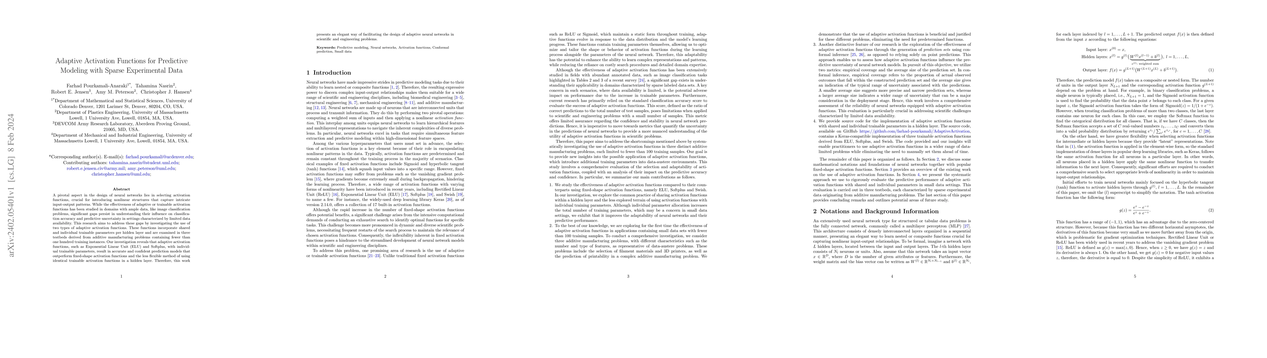 Thumbnail for Adaptive Activation Functions for Predictive Modeling with Sparse
  Experimental Data