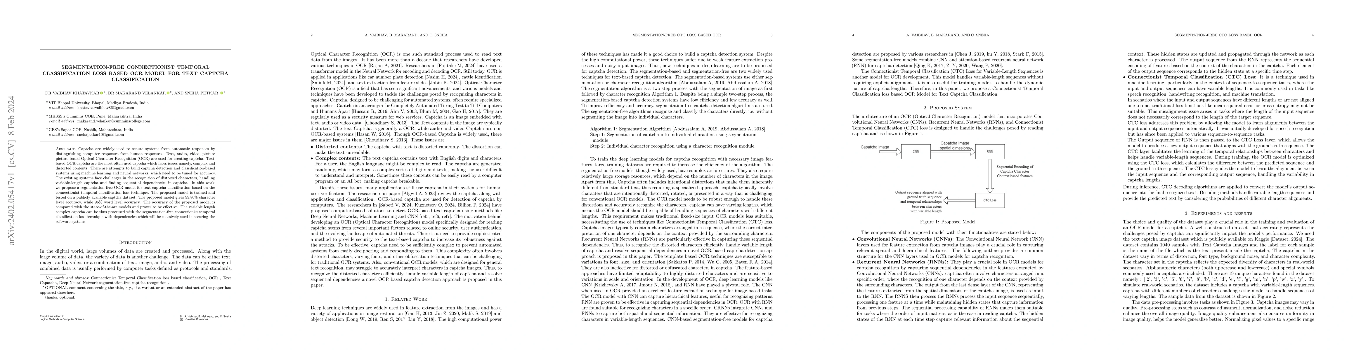 Thumbnail for Segmentation-free Connectionist Temporal Classification loss based OCR
  Model for Text Captcha Classification