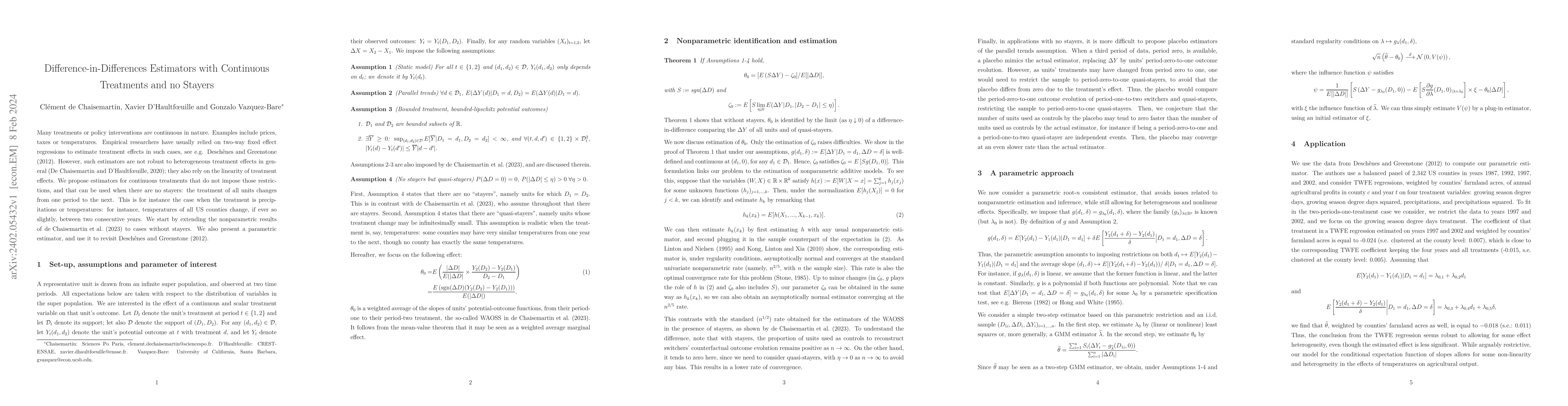 Thumbnail for Difference-in-Differences Estimators with Continuous Treatments and no
  Stayers