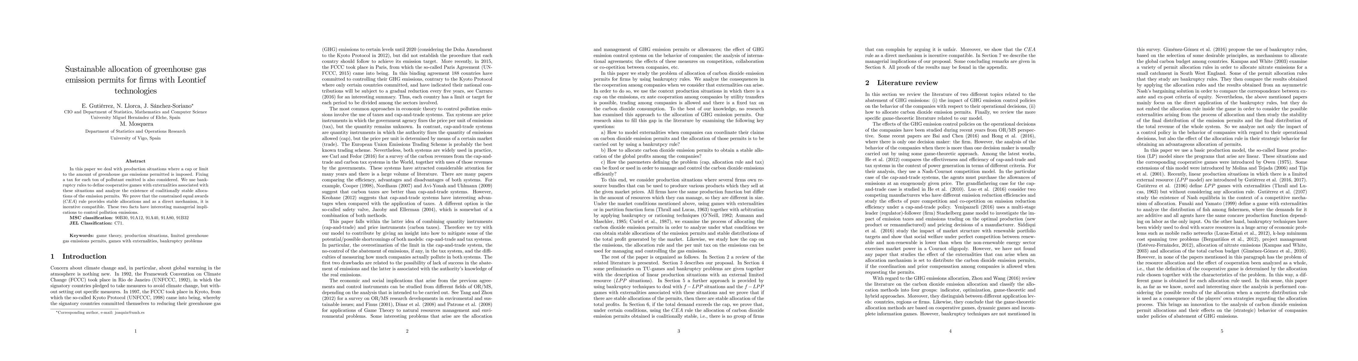 Thumbnail for Sustainable allocation of greenhouse gas emission permits for firms with
  Leontief technologies