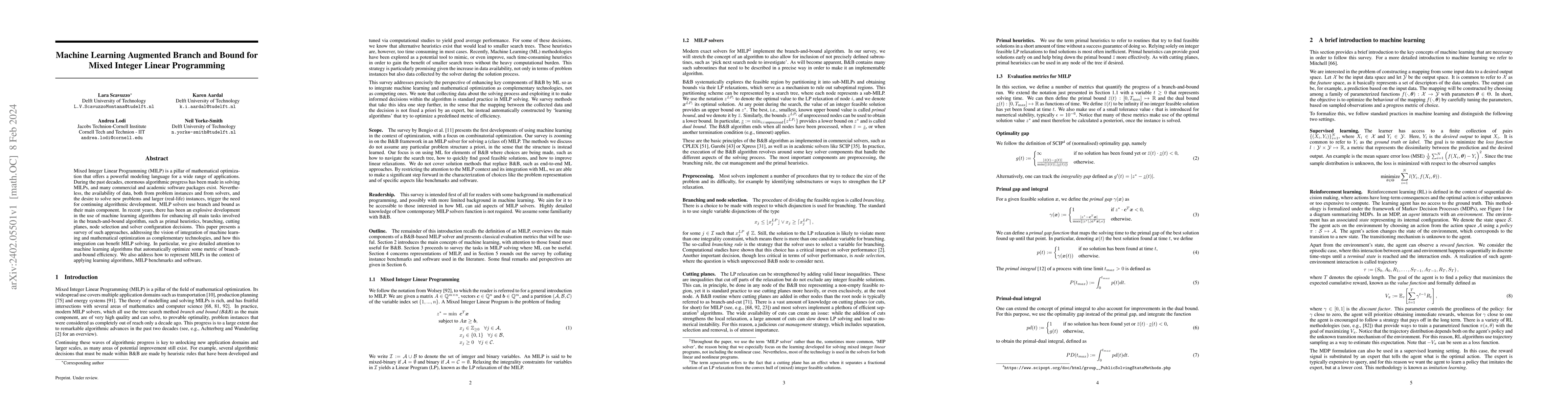 Thumbnail for Machine Learning Augmented Branch and Bound for Mixed Integer Linear
  Programming