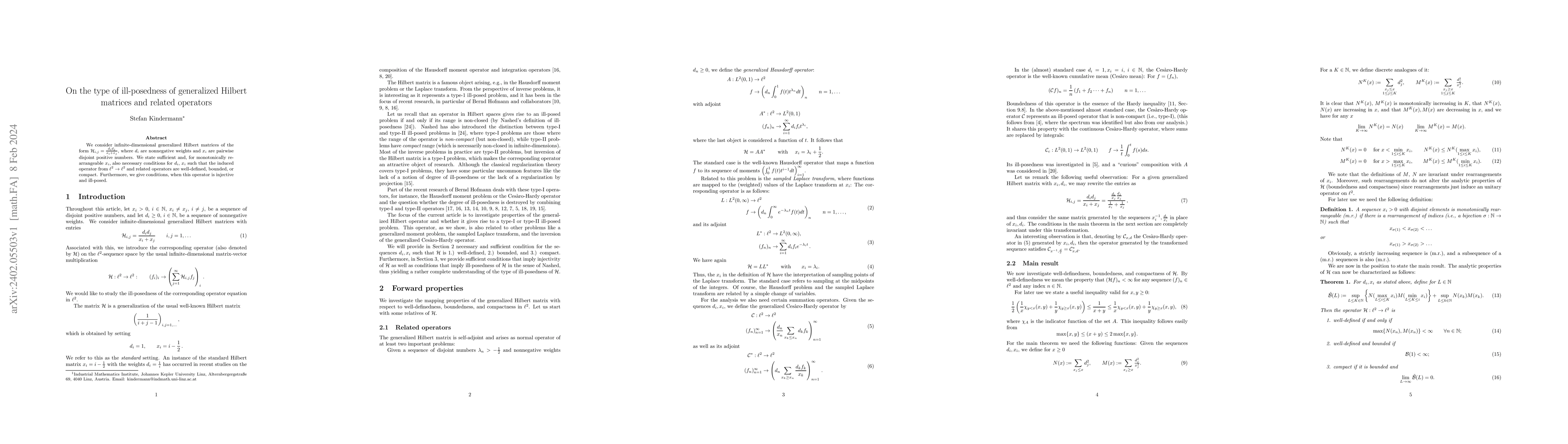 Thumbnail for On the type of ill-posedness of generalized Hilbert matrices and related
  operators
