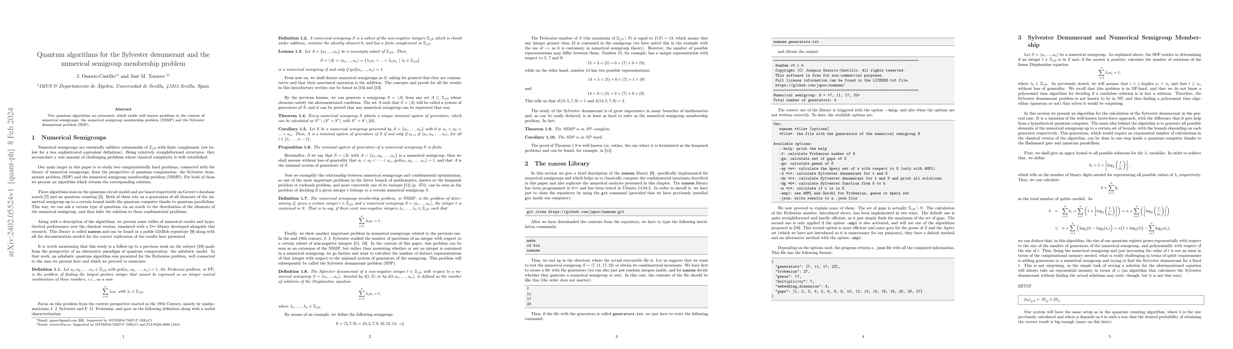 Thumbnail for Quantum algorithms for the Sylvester denumerant and the numerical
  semigroup membership problem